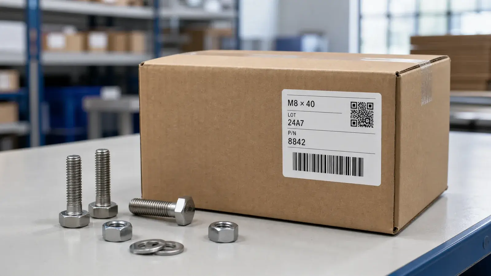 Industrial fastener packaging carton with a custom identification label, bolts, nuts and washers